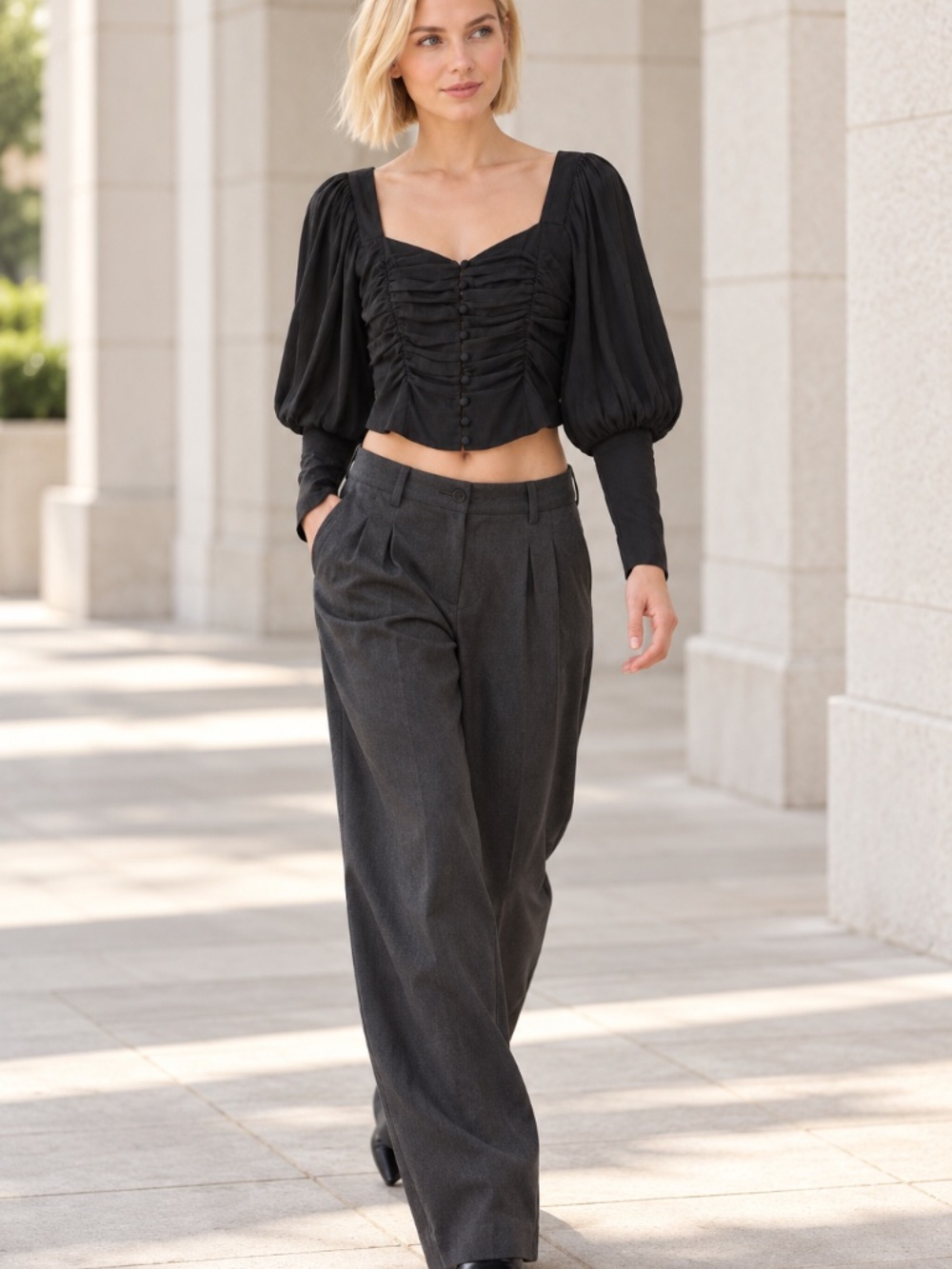 NWT | ASTR | Black Ruched Puff Sleeve Crop Top | Size XS